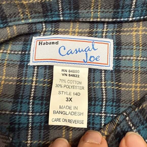 ✅ Mens 3X VTG Haband Casual Joe Blue Plaid Button Up Shirt Style 14D Long Sleeve - Picture 3 of 8